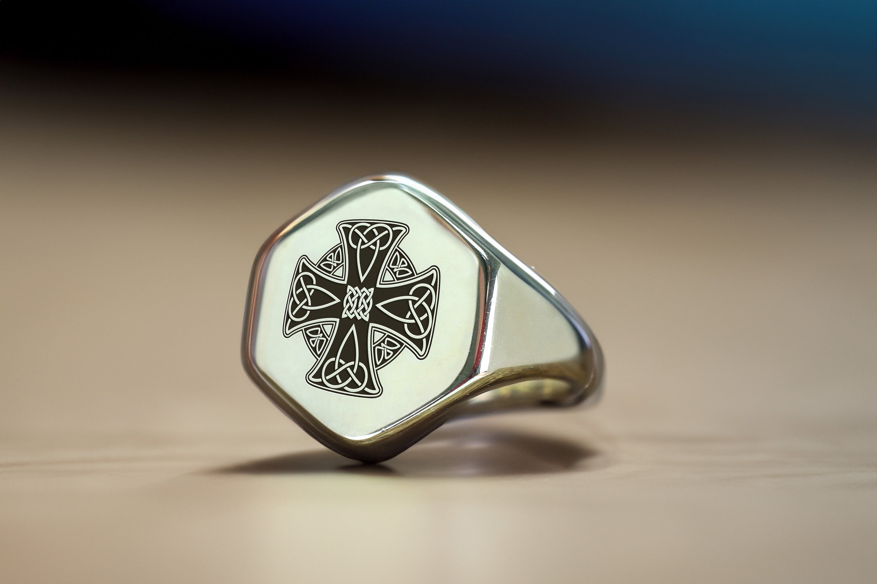14k Gold Celtic Cross Signet Ring · Engraved Celtic Cross Ring