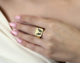 Angelic Wings Ring · Engraved Wings Ring · 14k Gold Wings Ring · Bold Statement Ring · Unisex Ring