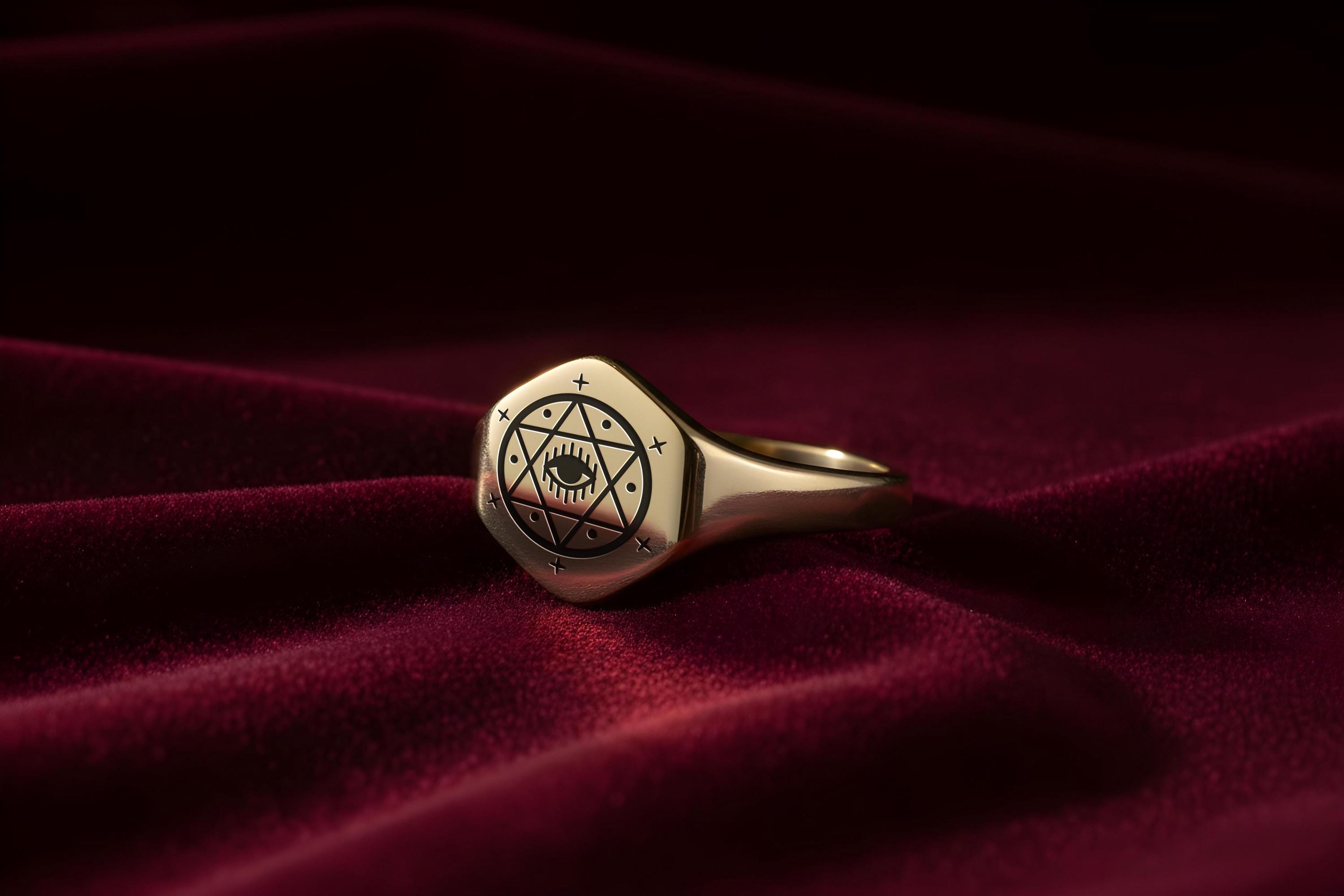 14k Gold Masonic Signet Ring * Personalized Ring * Hexagon Shaped Ring * Custom Third Eye Ring * Mystical Jewelry