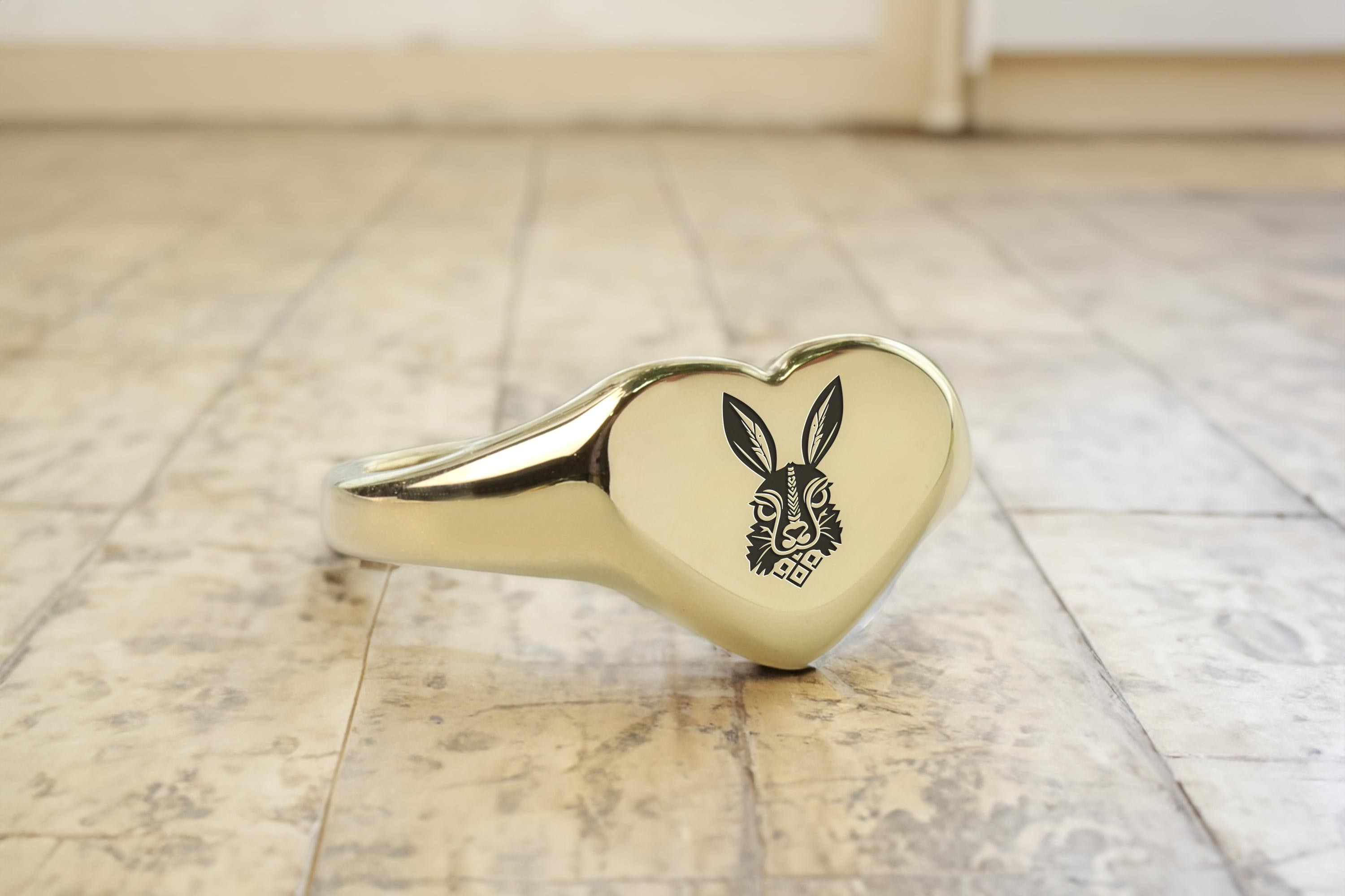 Engraved Rabbit Ring · 14k Gold Bunny Signet Ring · Heart Shaped Ring ...