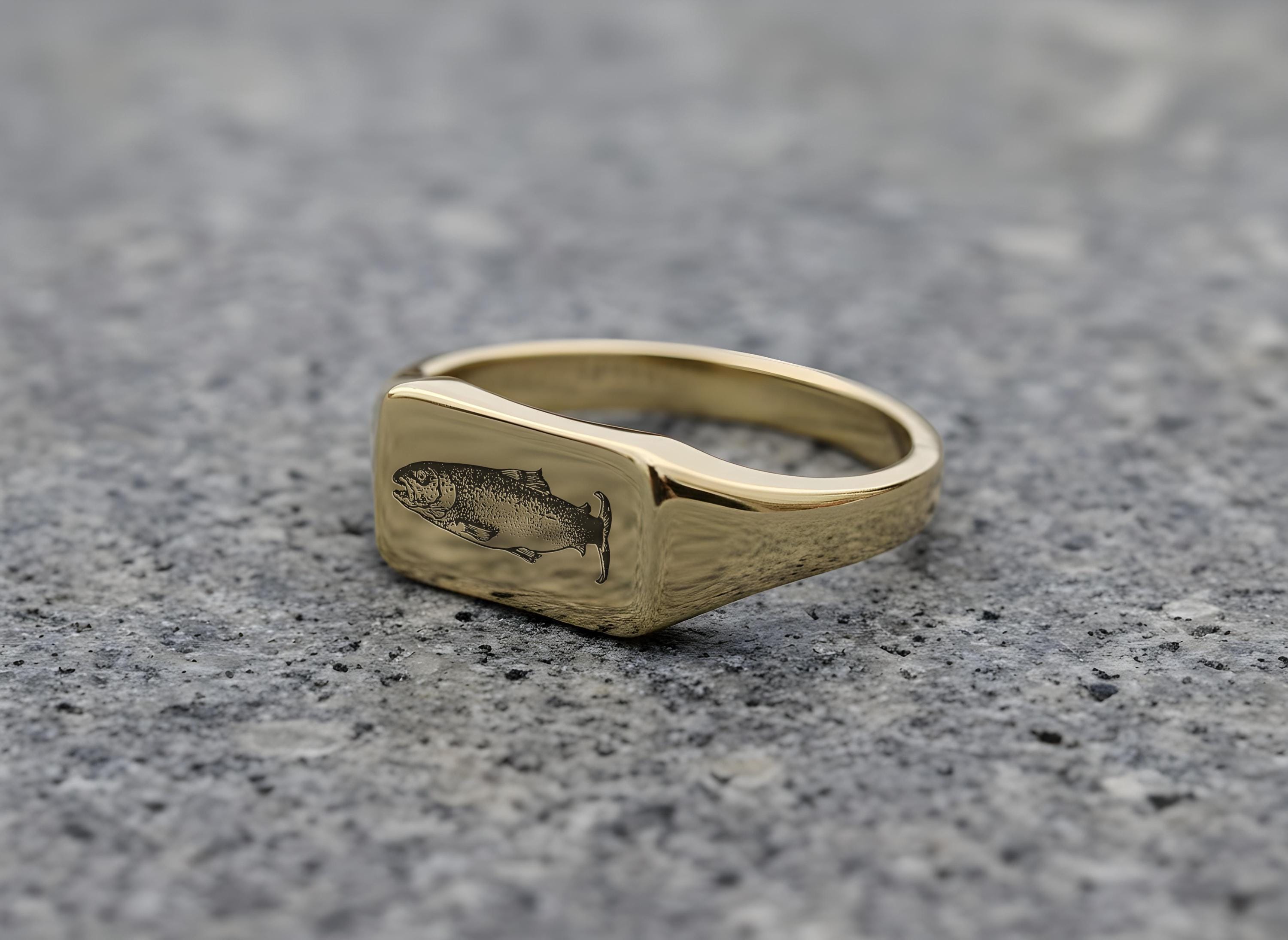 Engraved Salmon Fish Ring · Gold Fish Ring · Custom Fish Ring 