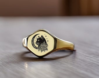 14k Gold British Cat Ring · Custom Cat Ring · Personalized Ring · Hexagon Shaped Ring · Gold Signet Ring