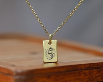 Engraved Dragon Signet Necklace · Rectangle Pendant Necklace · 14k Gold Blossom Tree Dragon Necklace · Unisex Necklace