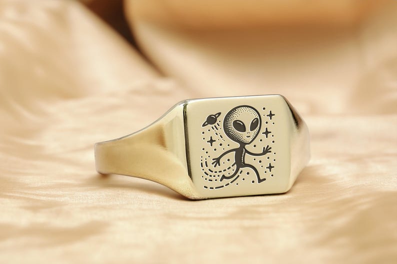 14k Gold Alien Signet Ring · Alien Engraving Ring · Square Shaped Ring ...