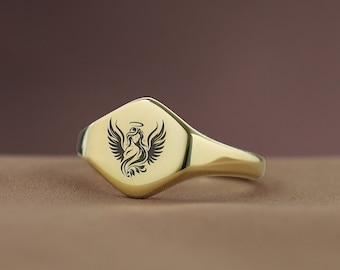 Anillo de sello de ángel en oro de 14k · Anillo de ángel grabado · Anillo de San Valentín · Anillo hexagonal · Anillo unisex