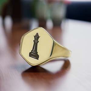 14k Gold Chess Queen Ring · Engraved Chess Ring · Custom Chess Ring · Hexagon Signet  Ring