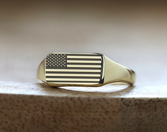 USA Flag Gold Signet Ring · Engraved USA Ring ·  Custom Flag Ring · Personalized Ring