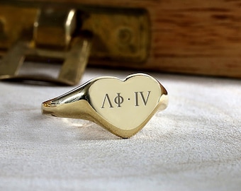 Sorority Signet Ring · 14k Gold Sisterhood Ring · Custom Greek Ring · Heart Shaped Ring ·  Graduation Gift