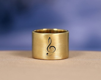 Musical Note Wide Gold Ring · Engraved Treble Clef Ring · Custom Musical Note Ring · Gift For Her