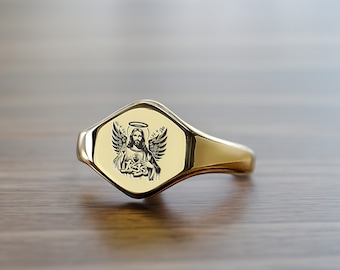 14k Gold Jesus Siegelring · Gravierte Jesus Ring · Benutzerdefinierte Jesus Ring · Sechseckförmiger Ring · Religiöser Schmuck
