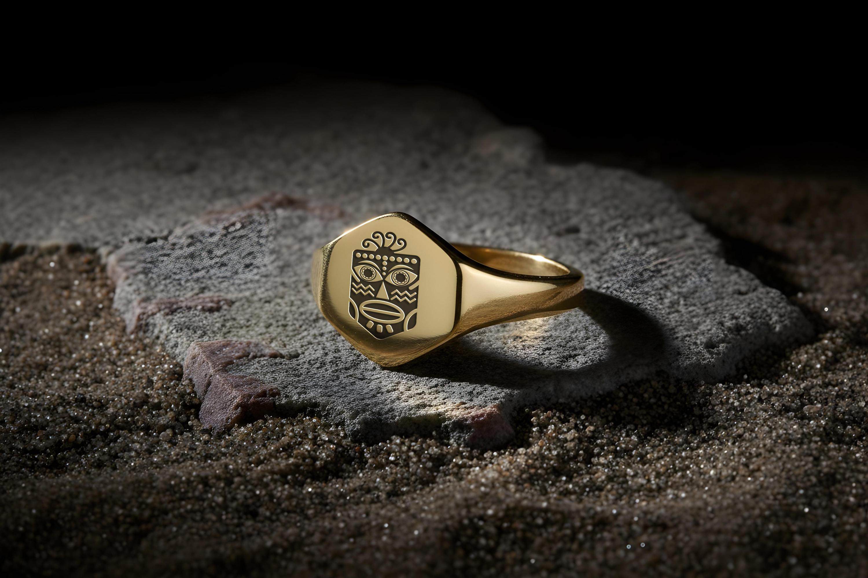 African Tribe Mask Gold Signet Ring · Engraved African Mask