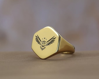 14k Gold Owl Signet Ring · Engraved Bird Ring · Hexagon Shaped Ring · Gift For Her