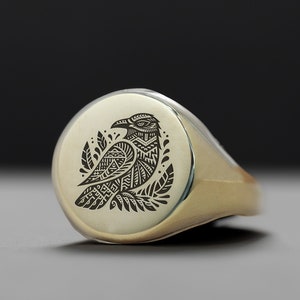 14k Gold Crow Signet Ring · Engraved Crow Ring · Bold Statement Ring · Unisex Ring · Mystical Ring