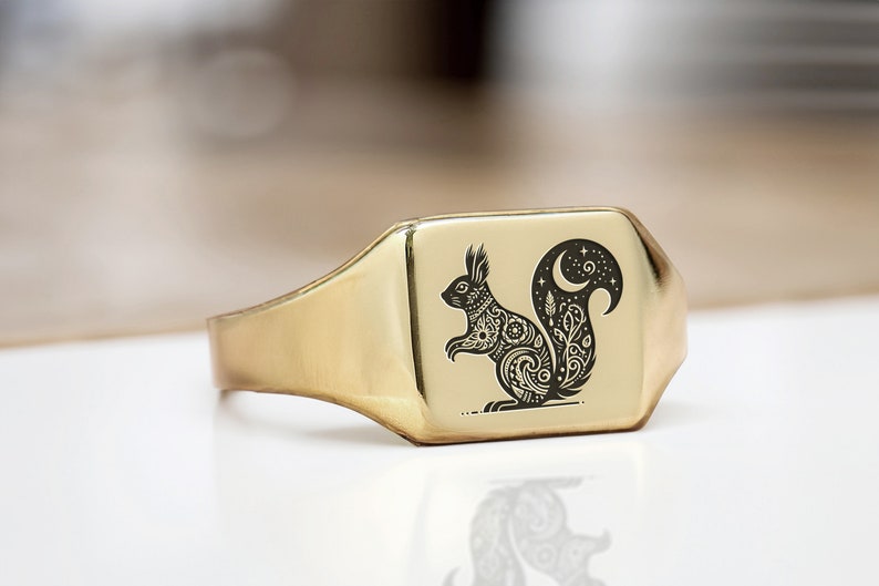 Squirrel Rings Floating Cute Squirrel Gold Signet Ring · Engraved Squirrel Ring · Custom Animal ...