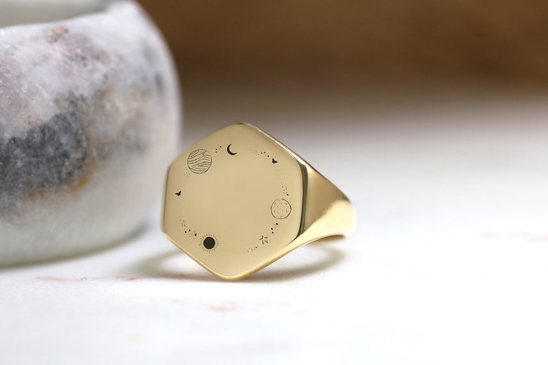 14k Gold Space Signet Ring · Engraved Stars Ring · Hexagon Shaped Ring ...