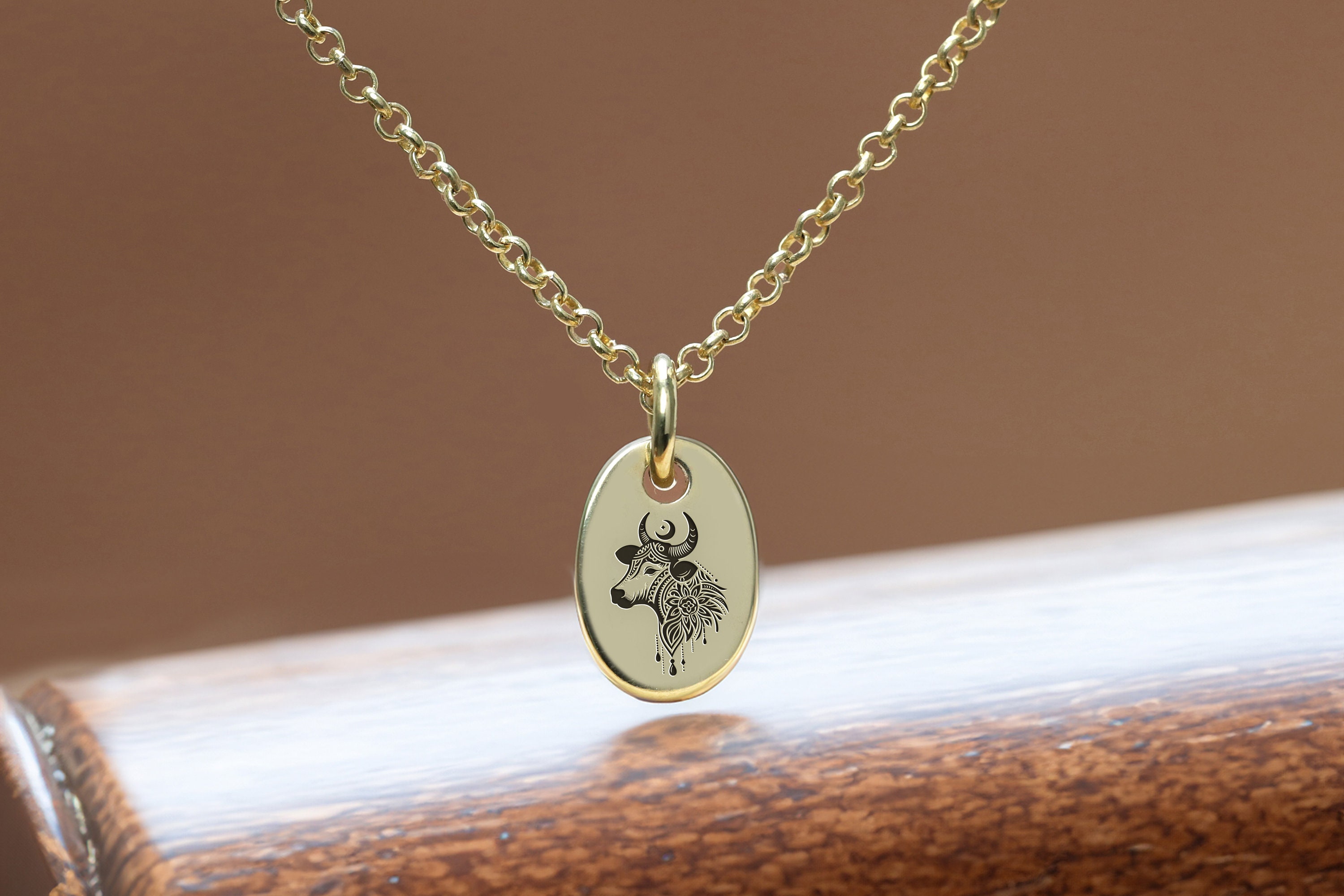 14k Gold Cow Necklace · Custom Cow Necklace · Oval Pendant Necklace · Boho Cow Necklace · Gift For Her