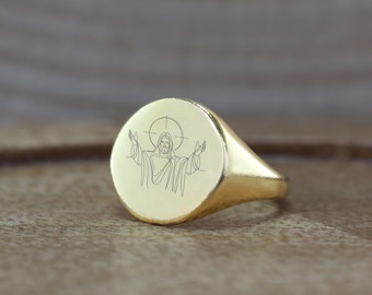 Bold Statement Jesus Ring · Christianity Engraved Ring · Gift For Mom · Gold Signet Ring · Biblical Ring