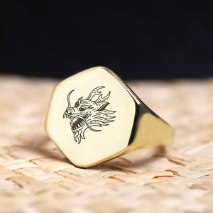 Chinese Dragon Gold Signet Ring · Engraved Dragon Ring · Arrow&#39;s Ring · Animals Ring · Unisex Ring