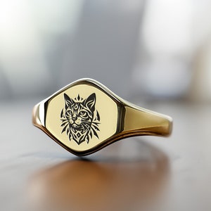 Anillo de sello de gato tribal · Anillo de gato de oro · Anillo de gato personalizado · Anillo en forma de hexágono · Joyería animal