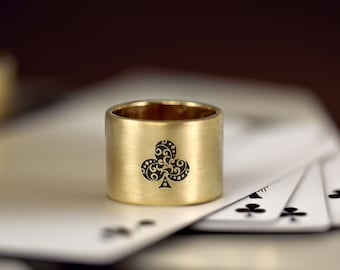 Poker Wide Brushed Gold Ring · Custom Band Ring · Poker Clubs Symbol · Statement Poker Ring