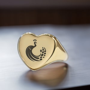 Peacock Gold Signet Ring · Customized Bird Ring · Heart Shaped Ring · Gift For Her