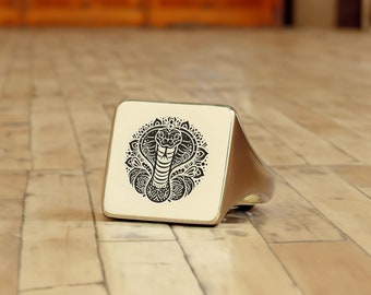 Engraved Snake Signet Ring · Custom Snake Ring · Cobra Engraving Ring · Square Shaped Ring