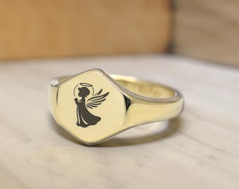 Anillo de sello de ángel de oro de 14k · Anillo de protección · Regalo para ella · Anillo religioso · Anillo con forma hexagonal