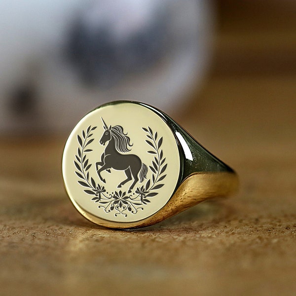 14k Gold Engraved Unicorn Ring · Unicorn Signet Ring · Mythological Jewelry · Pride Day Gift
