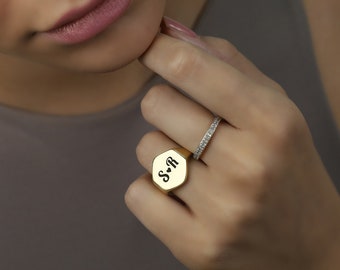 14k Gold Initials' Signet Ring  · Couples Engraved Ring · Engraved Name Ring · Hexagon Shaped Ring ·  Unisex Ring