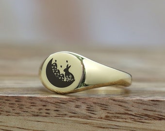 14k Gold Bunny Signet Ring  · Bunny Engraving Ring · Animals Jewelry · Cute Bunny Ring