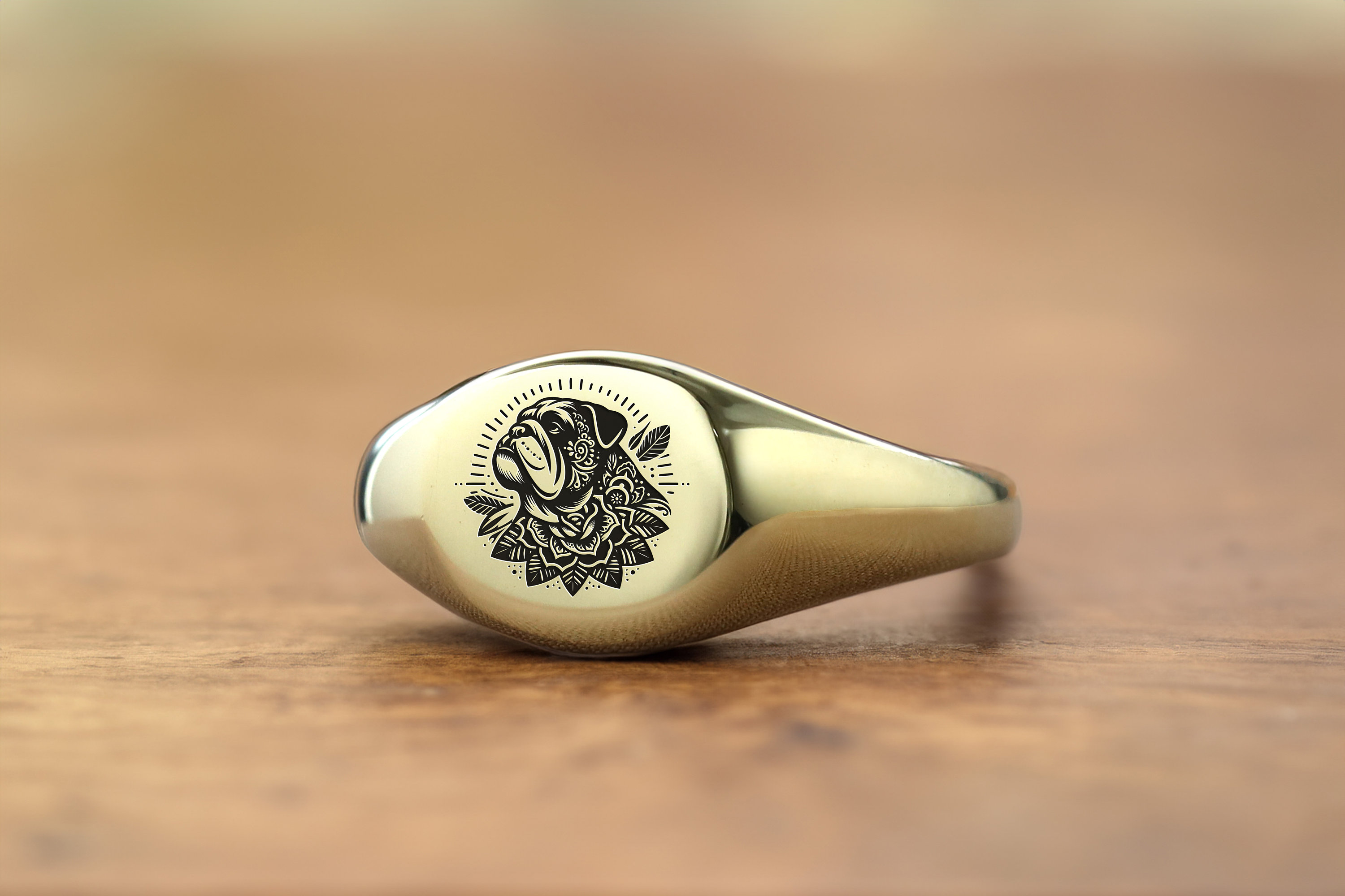 14Kゴールドブルドッグシグネットリング・カスタマイズされた犬の指輪