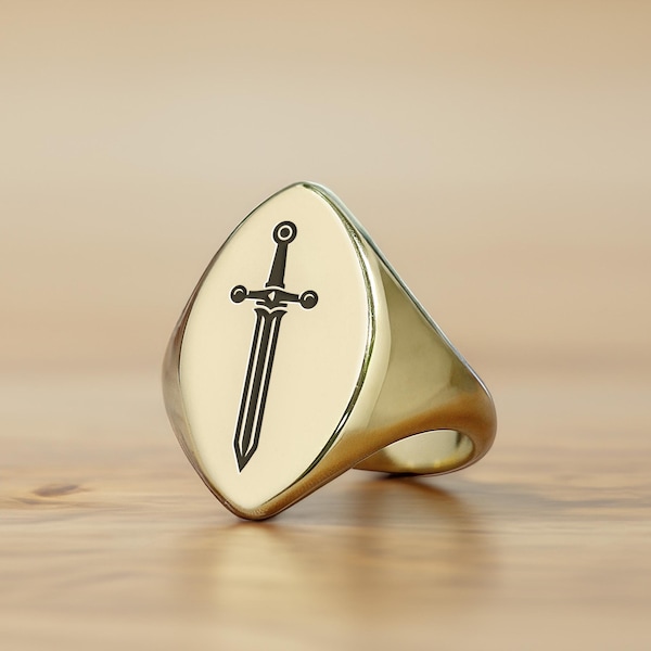 14k Gold Medieval Ring · Custom Sword Engraving Ring · Unisex Ring · Marquise Shaped Ring
