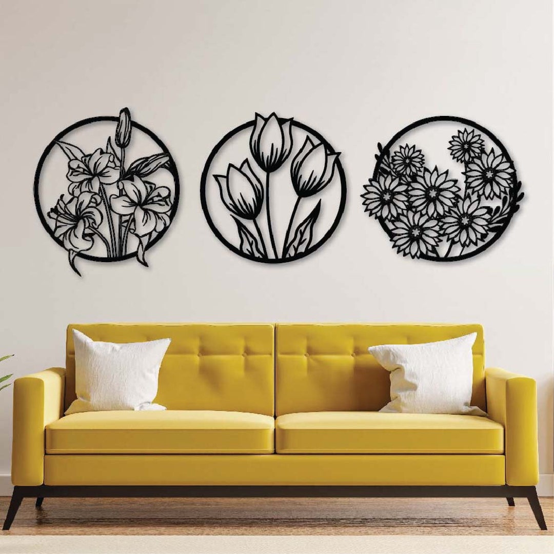Flowers in Wood 3 Panels, Wall Decoration, Triptych Painting, Wall Art ...