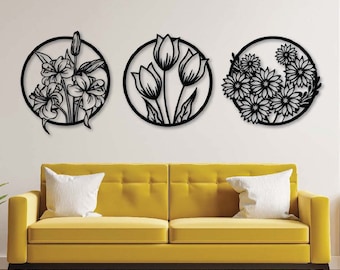Flowers in wood 3 panels, wall decoration, triptych painting, wall art, 3 colors to choose from
