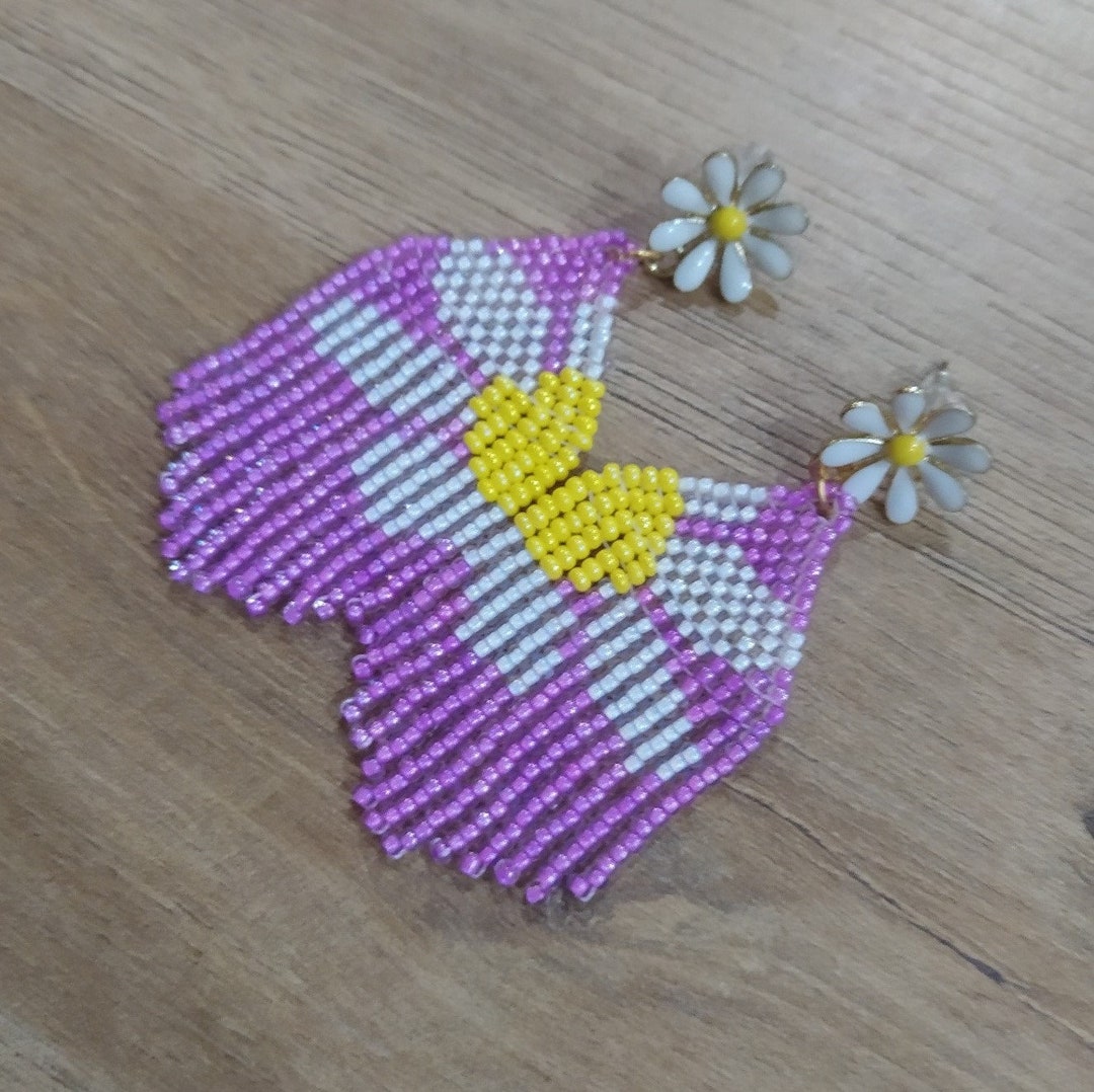 Daisy Earrings Stud Lilac Seed Beaded Fringe Beadwork Dangle Etsy