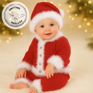 Op de afbeelding: Een baby gekleed in een rood kerstmanpak met witte imitatiebontafwerking. De outfit bestaat uit een hoed, jas en broek. De baby lacht. Een cirkelvormig logo met "Knitting Pattern" omringt een bol wol en breinaalden.