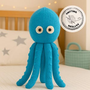 May include: A knitted blue octopus plush toy with large, round eyes. The octopus has eight long tentacles with textured details. A circular label with the words "Knitting Pattern" and a yarn ball is visible.