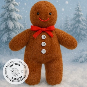 May include: A knitted gingerbread man doll, featuring a red bow tie and three white buttons. The doll has a smiling face with black eyes and a red mouth. The background shows a snowy forest scene.