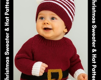 May include: A baby wearing a knitted Christmas sweater and hat. The burgundy sweater has a black belt with a gold buckle. The hat is burgundy with white stripes and a white pom-pom. The text on the side says "Christmas Sweater & Hat Pattern".