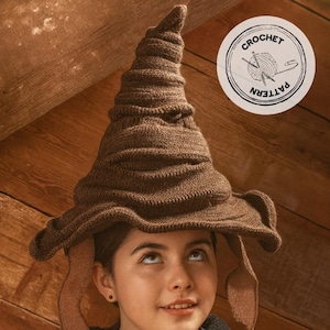May include: A brown crochet hat with a wide brim and a pointed top. The hat has a textured appearance and long, ear-like flaps. A circular logo with the words "CROCHET PATTERN" surrounds a yarn ball and crochet hooks.