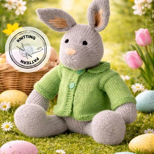 May include: A knitted gray bunny wearing a green cardigan with a button closure. The bunny has long ears with tan inner ears and a pink nose. The image includes a "Knitting Pattern" logo and is set in a grassy outdoor scene with Easter eggs and flowers.