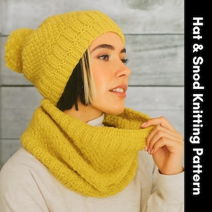 May include: A yellow knitted hat with a pom-pom and a matching snood. The hat and snood are made of a textured yarn. The image also includes the text "Hat & Snood Knitting Pattern" in white.
