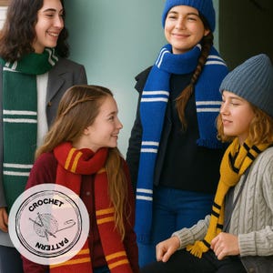 May include: Four people wearing knitted scarves and hats in various colors. The scarves have stripes in contrasting colors. The image includes a circular logo with the words "CROCHET PATTERN" and a yarn and hook design.