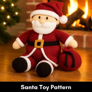May include: A knitted Santa Claus toy in a sitting position, wearing a red suit with white trim, a black belt with a gold buckle, and a matching hat. The toy has a white beard and mustache, black boots, and a small red sack. The text "Santa Toy Pattern" is at the bottom.