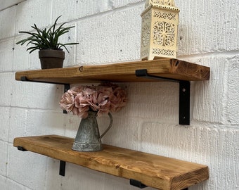 Rustic Live Edge/ waney edge Shelves. Solid Wood 45 mm thick with free brackets. French Farmhouse style. UK Handmade free delivery 22cm