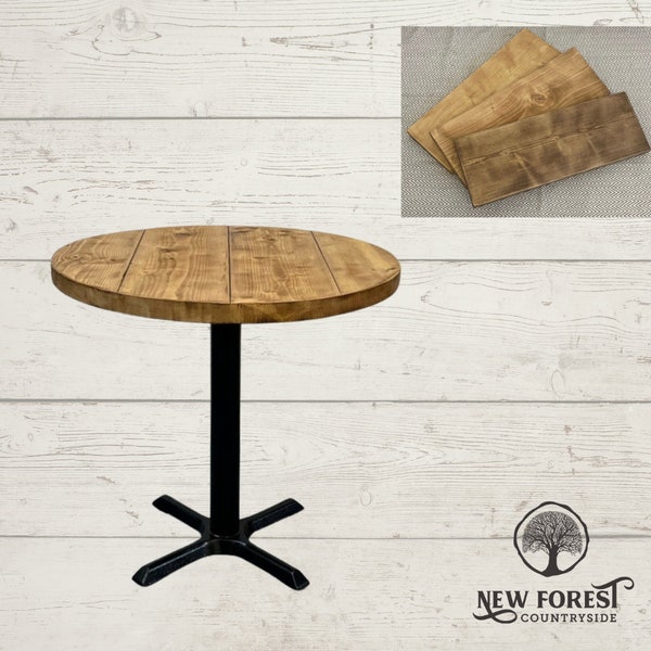 Stylish Rustic Industrial Dining ROUND Table,  Cast Iron Pedestal Base Solid Wood Timber, Cafe, Bar Restaurant, multiple colour options