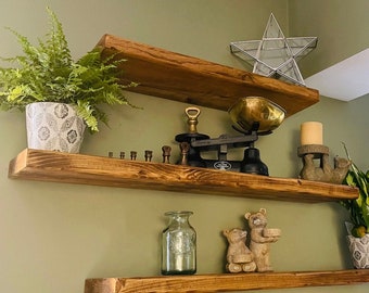 Shelf Floating wooden / Shelf Reclaimed Solid Wood 45 mm Thick with free brackets UK Made. Farmhouse style Handmade to order