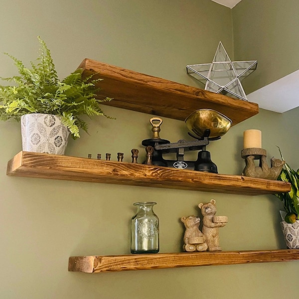 Shelf Floating wooden / Shelf Reclaimed Solid Wood 45 mm Thick with free brackets UK Made. Farmhouse style Handmade to order