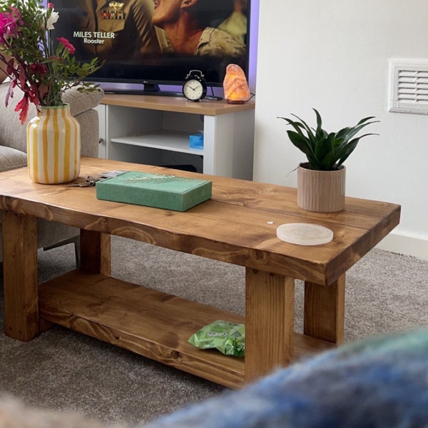 Rustic French Farmhouse Style Solid Wood Coffee Table with shelf. Live Edge Style. Handmade in the UK Free Delivery. Waney edge wooden