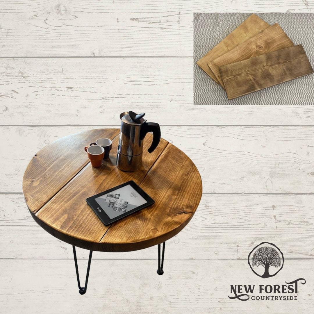 Round wood hairpin coffee table discount